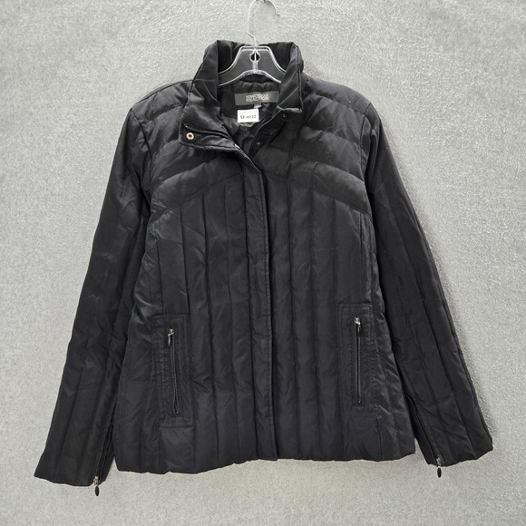 Kenneth Cole Reaction Women Jacket Large Black Down Puffer Full Zip Pockets - Picture 1 of 10